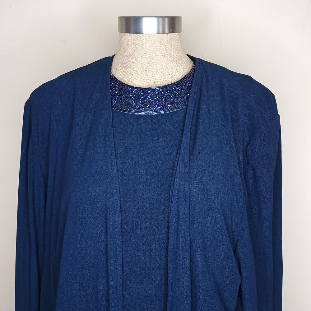 Alex Evenings Womens Navy Beaded Jacket Dress 2pc Set Sz 16W Fancy Cocktail Maxi